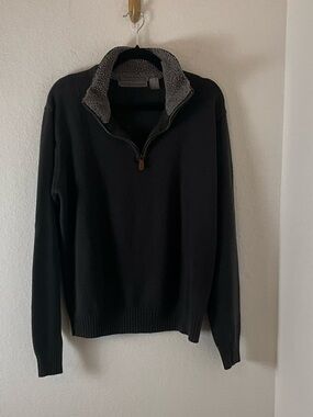 Oscar de la Renta Smokey Gray Quarter-Zip Sweater with Gray Sherpa Collar L